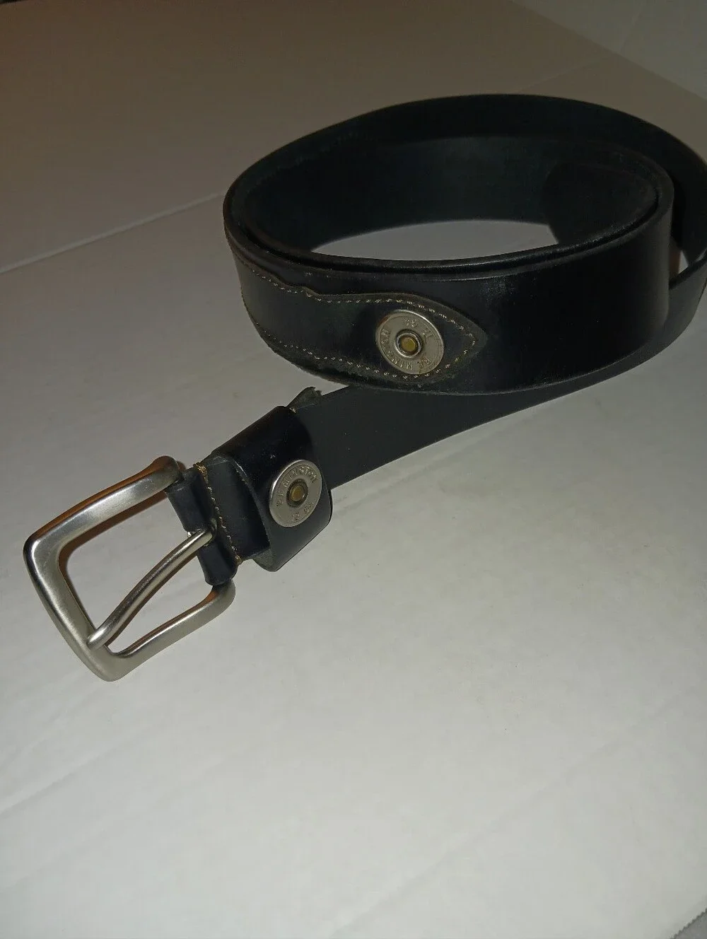 Remington 12 GA Silver Tone Shotgun Shell Black Leather Belt 3X 50-52